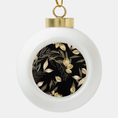 Gold Leaves Exotic Botanical Seamless Ceramic Ball Christmas Ornament