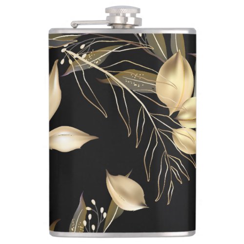 Gold Leaves Exotic Botanical Seamless Flask