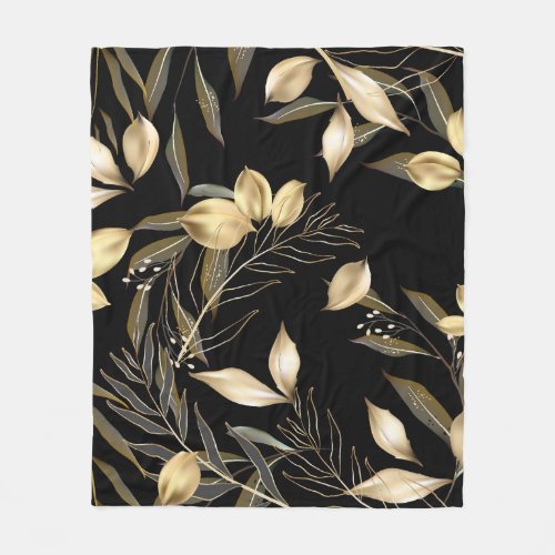 Gold Leaves Exotic Botanical Seamless Fleece Blanket