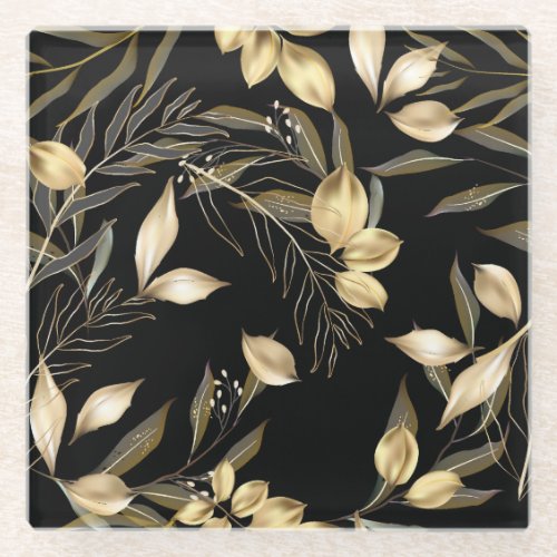 Gold Leaves Exotic Botanical Seamless Glass Coaster