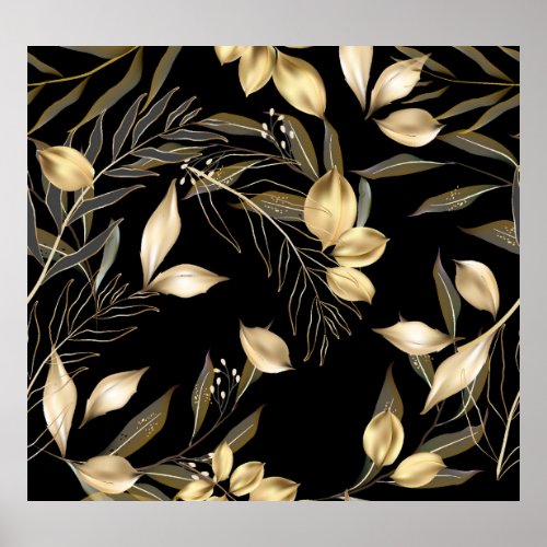 Gold Leaves Exotic Botanical Seamless Poster