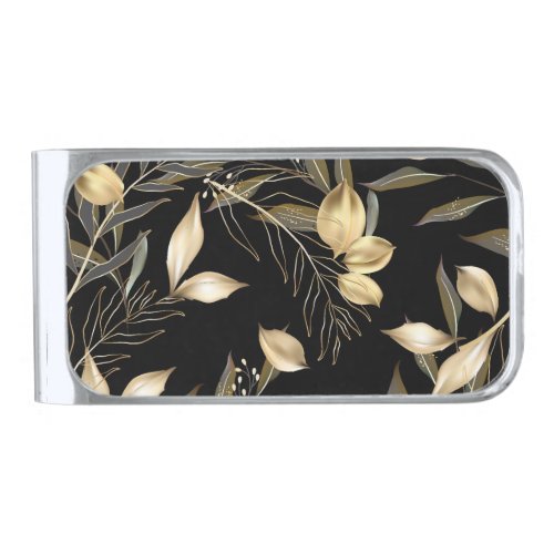 Gold Leaves Exotic Botanical Seamless Silver Finish Money Clip