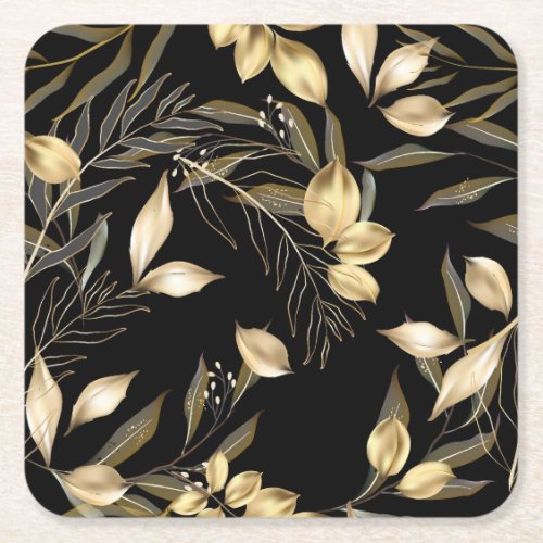 Gold Leaves Exotic Botanical Seamless Square Paper Coaster