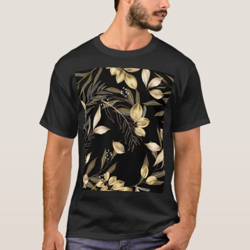 Gold Leaves Exotic Botanical Seamless T_Shirt