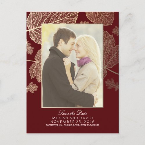 Gold Leaves Fall Burgundy Photo Save the Date Announcement Postcard