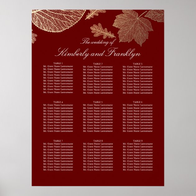 Gold Leaves Fall Burgundy Wedding Seating Chart Poster