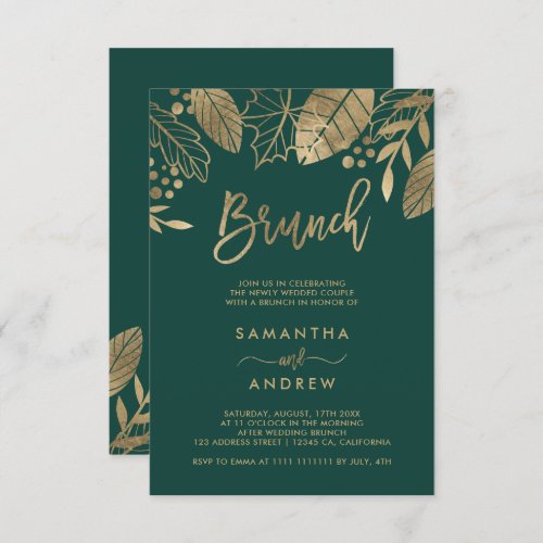 Gold leaves fall typography green wedding brunch invitation