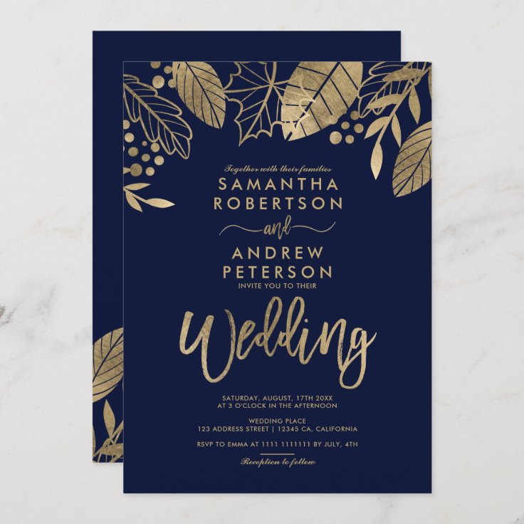 Gold leaves fall typography navy blue wedding invitation | Zazzle