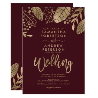 Gold leaves fall typography red burgundy wedding invitation