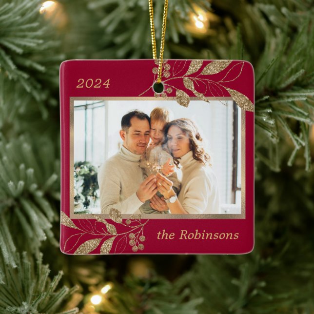 Gold Leaves Family Photo Red Christmas  Ceramic Ornament (Tree)
