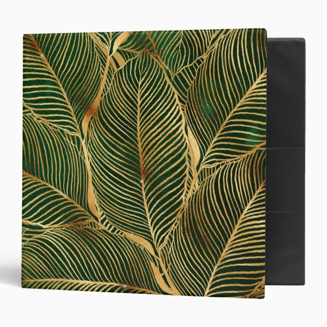 Gold Leaves Forest Green Elegant Pattern 3 Ring Binder (Front/Inside)