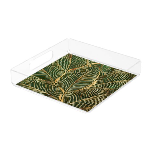 Gold Leaves Forest Green Elegant Pattern Acrylic Tray