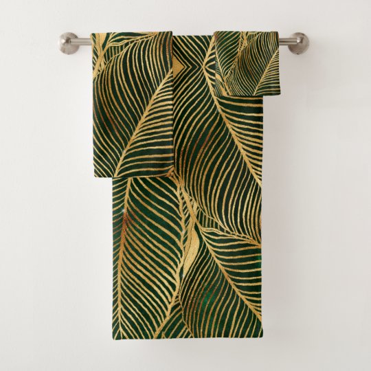 Gold Leaves Forest Green Elegant Pattern Bath Towel Set