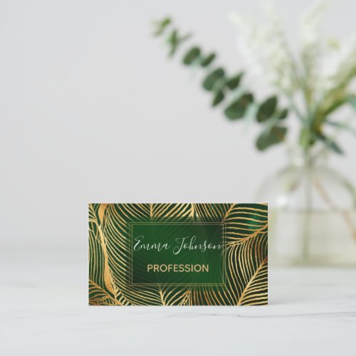 Gold Leaves Forest Green Elegant Pattern  Business Card