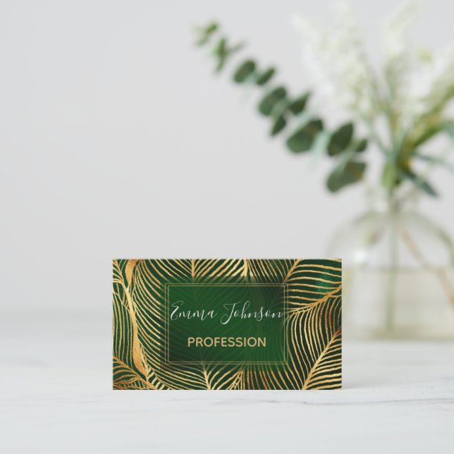 Gold Leaves Forest Green Elegant Pattern  Business Card (Standing Front)