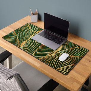 Gold Leaves Forest Green Elegant Pattern Desk Mat