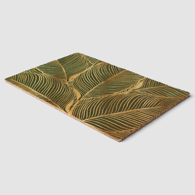 Gold Leaves Forest Green Elegant Pattern Fiber Doormat (Corner)