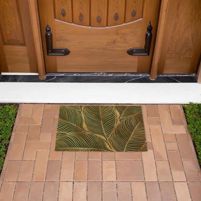 Gold Leaves Forest Green Elegant Pattern Fiber Doormat (Insitu (Outdoor))
