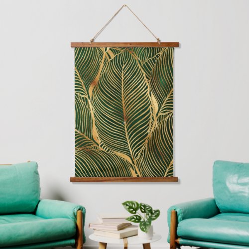 Gold Leaves Forest Green Elegant Pattern Hanging Tapestry