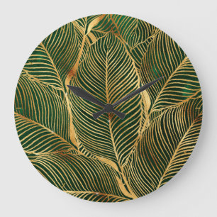 Gold Leaves Forest Green Elegant Pattern Large Clock