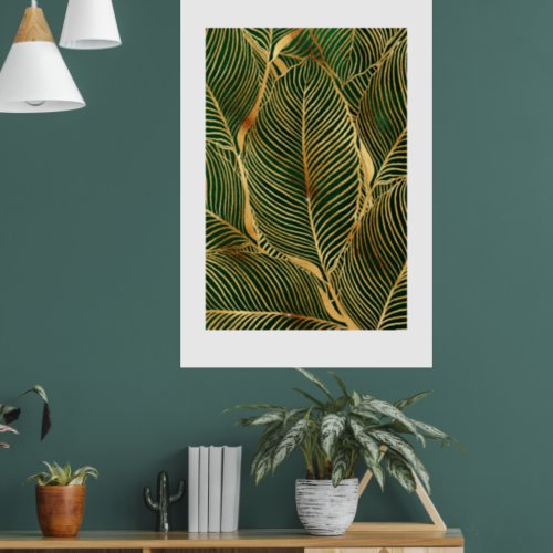 Gold Leaves Forest Green Elegant Pattern Poster