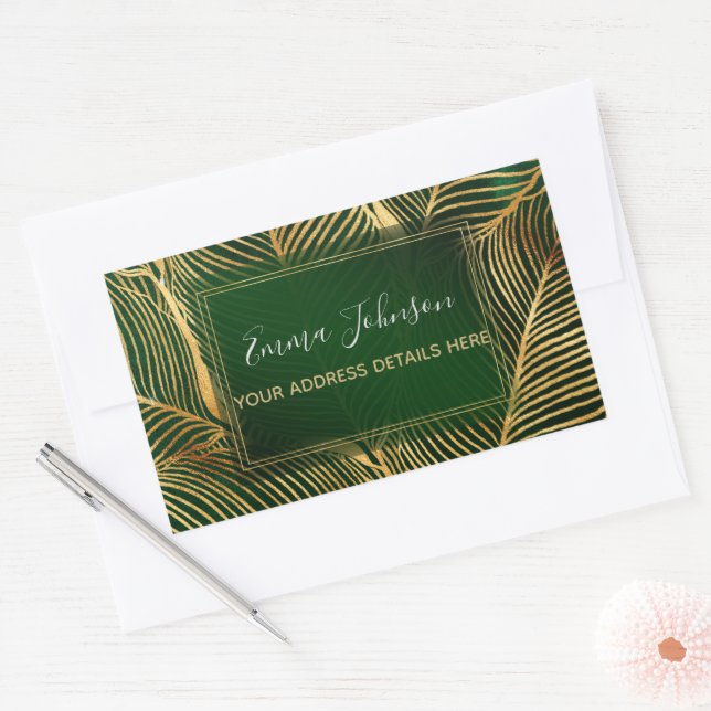 Gold Leaves Forest Green Elegant Pattern  Rectangular Sticker (Envelope)