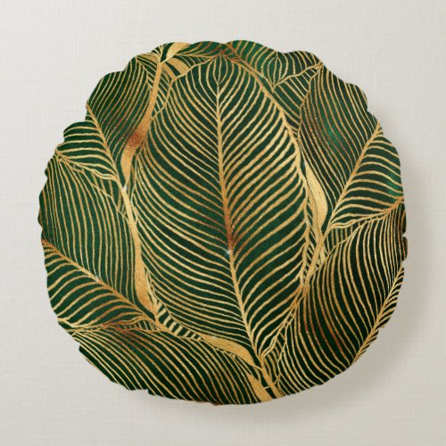 Gold Leaves Forest Green Elegant Pattern Round Pillow