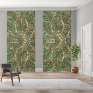 Gold Leaves Forest Green Elegant Pattern Sheer Curtains