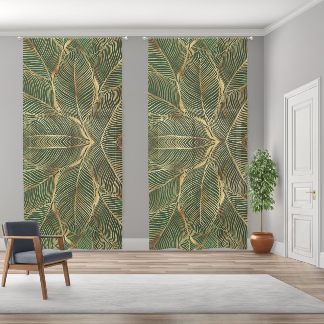 Gold Leaves Forest Green Elegant Pattern Sheer Curtains (Wide)