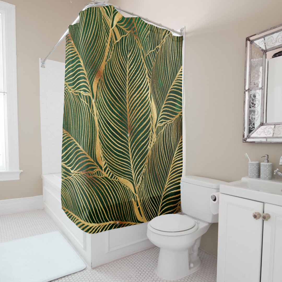 Gold Leaves Forest Green Elegant Pattern Shower Curtain Zazzle