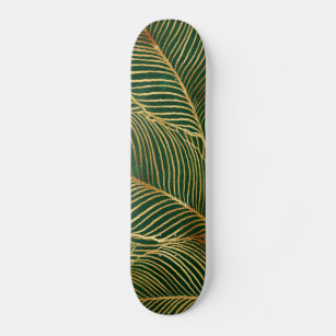 Gold Leaves Forest Green Elegant Pattern Skateboard