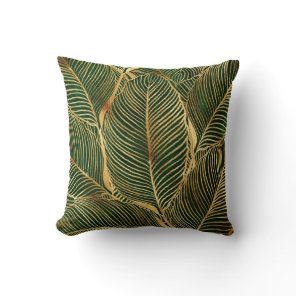 Gold Leaves Forest Green Elegant Pattern Throw Pillow