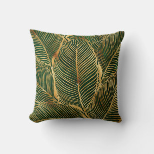 Gold Leaves Forest Green Elegant Pattern Throw Pillow