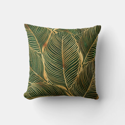 Gold Leaves Forest Green Elegant Pattern Throw Pillow