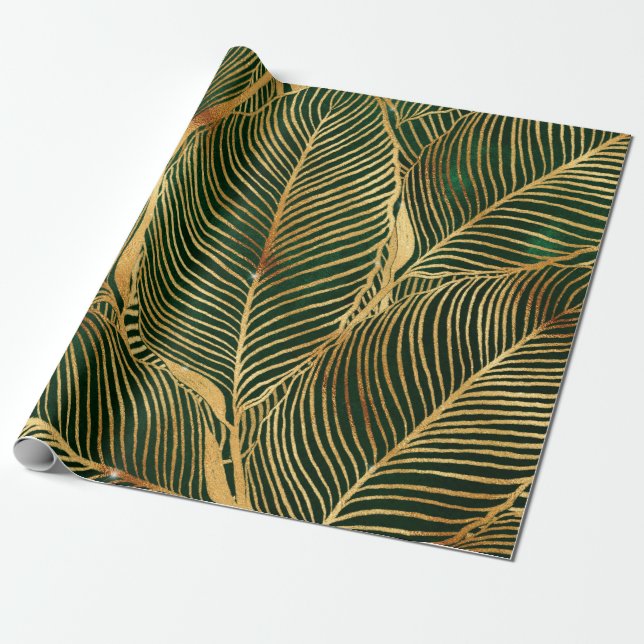 Gold Leaves Forest Green Elegant Pattern Wrapping Paper (Unrolled)