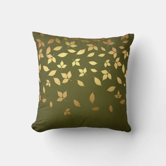 Gold Leaves Forest Green Fall Throw Pillow (Front)