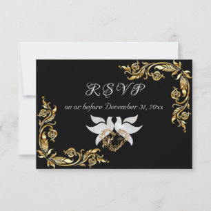 Gold Leaves Frame on Black RSVP Card