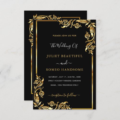 Gold Leaves Framed Black Wedding Invitation