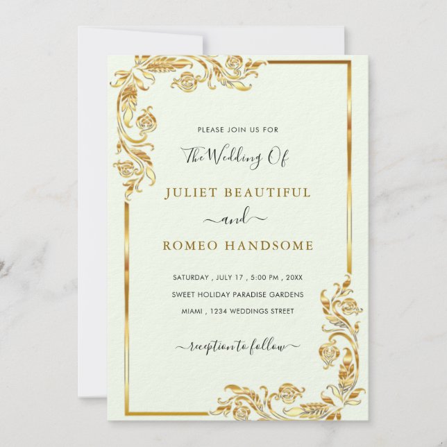Gold Leaves Framed Wedding Invitations Template (Front)