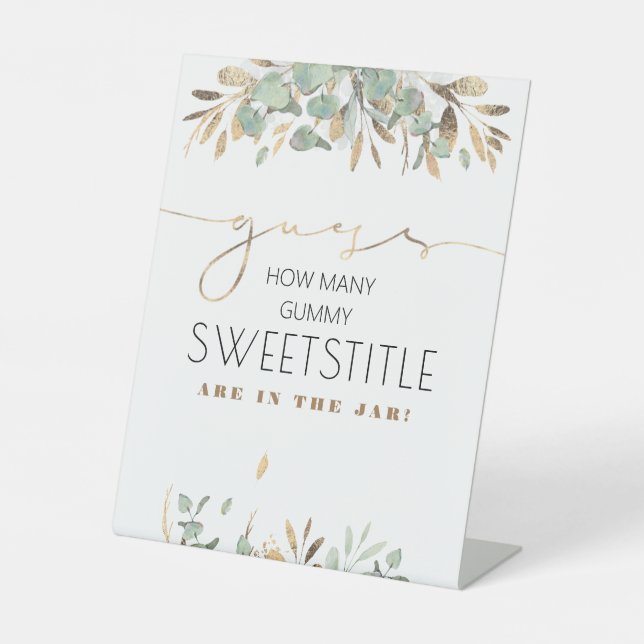 Gold Leaves Greenery Baby Shower Guess How Many Pedestal Sign (Front)