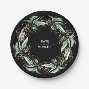 Gold Leaves Greenery Black Wedding Paper Plates