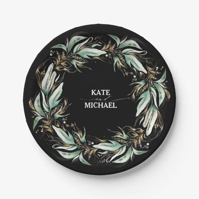 Gold Leaves Greenery Black Wedding Paper Plates (Front)