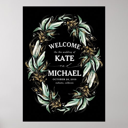 Gold Leaves Greenery Black Wedding Welcome Poster