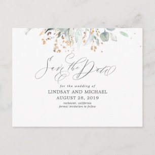 Gold Leaves Greenery Boho Save the Date Postcard