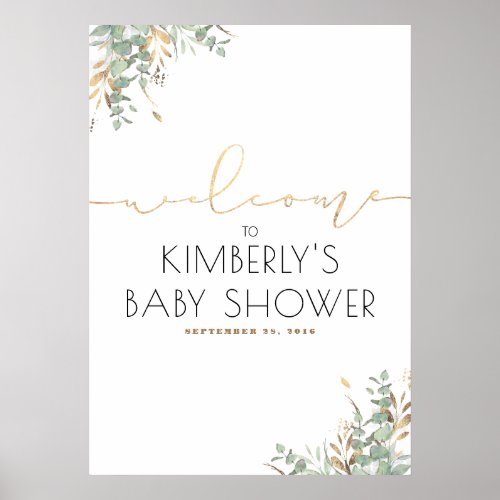 Gold Leaves Greenery Elegant Baby Shower Welcome Poster