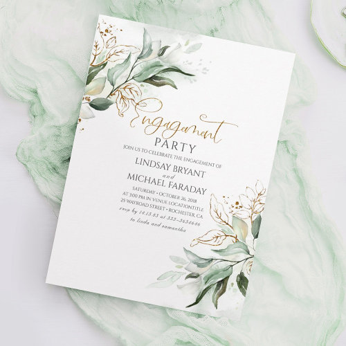 Gold Leaves Greenery Elegant Engagement Party Invitation
