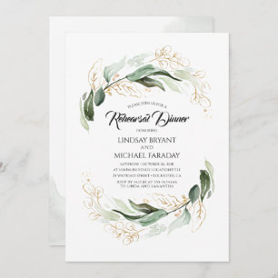 Gold Leaves Greenery Elegant Rehearsal Dinner Invitation
