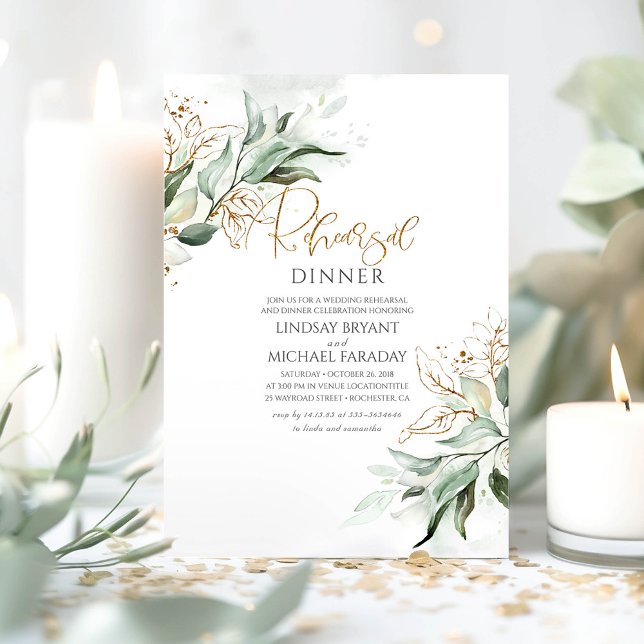 Gold Leaves Greenery Elegant Rehearsal Dinner Invitation (Greenery Rehearsal Dinner Invitations)
