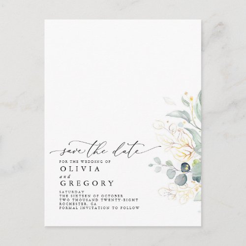 Gold Leaves Greenery Modern Elegant Save the Date Announcement Postcard
