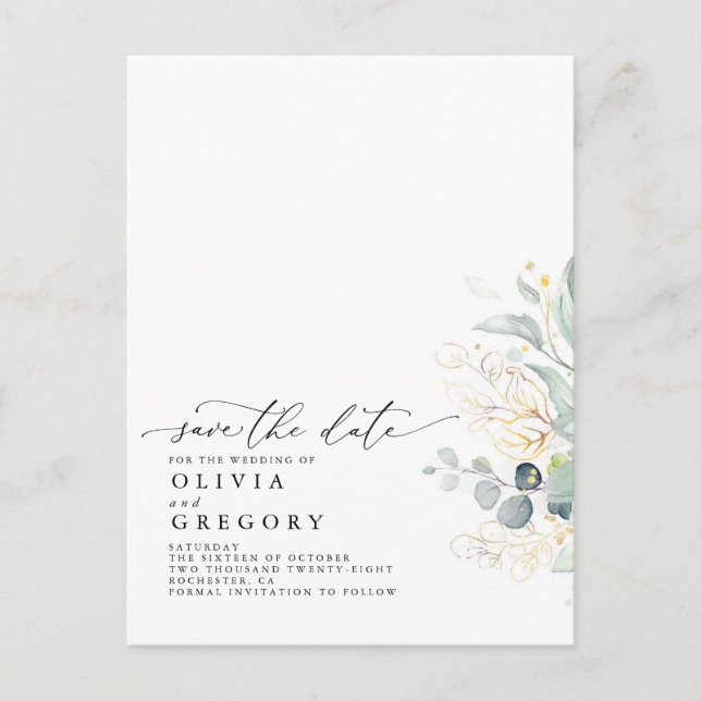 Gold Leaves Greenery Modern Elegant Save the Date Announcement Postcard (Front)